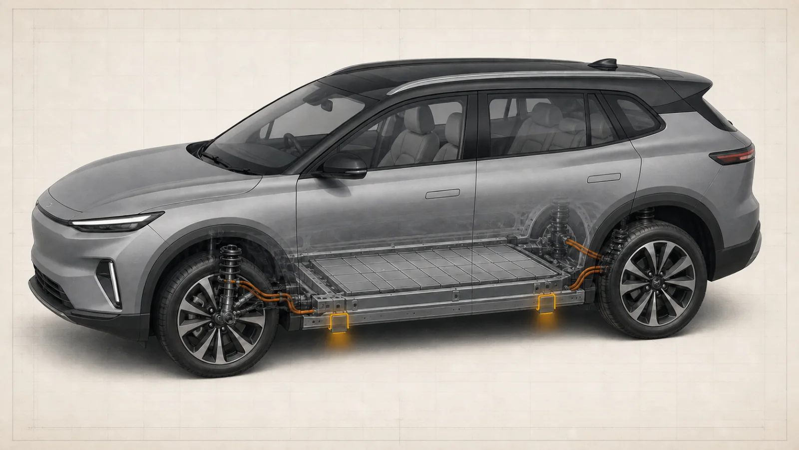 Temsili elektrikli SUV alt gövdesinde batarya paketi ve iki marşpiyel kaldırma bölgesi