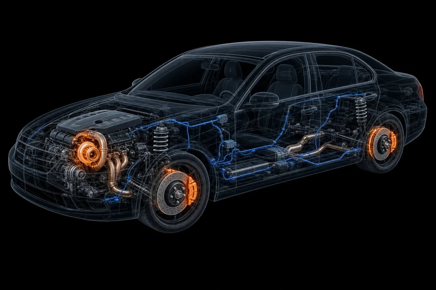 A translucent vehicle illustration showing its motor, brakes, suspension and wiring harness