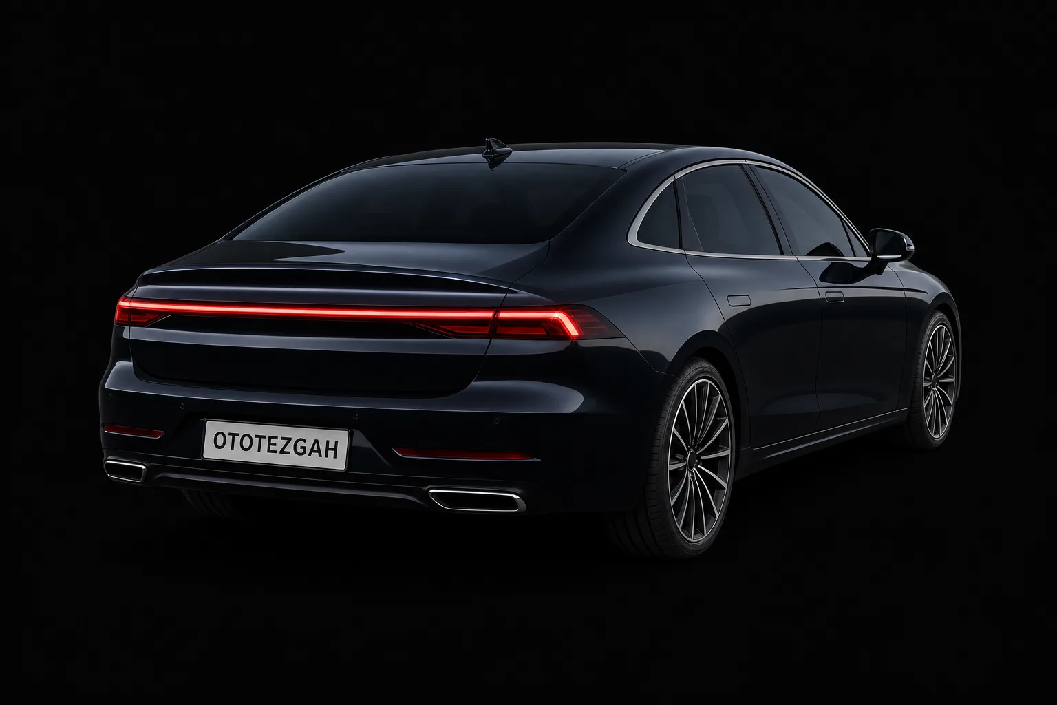 A dark, unbranded sedan with an OTOTEZGAH plate, viewed from the rear quarter